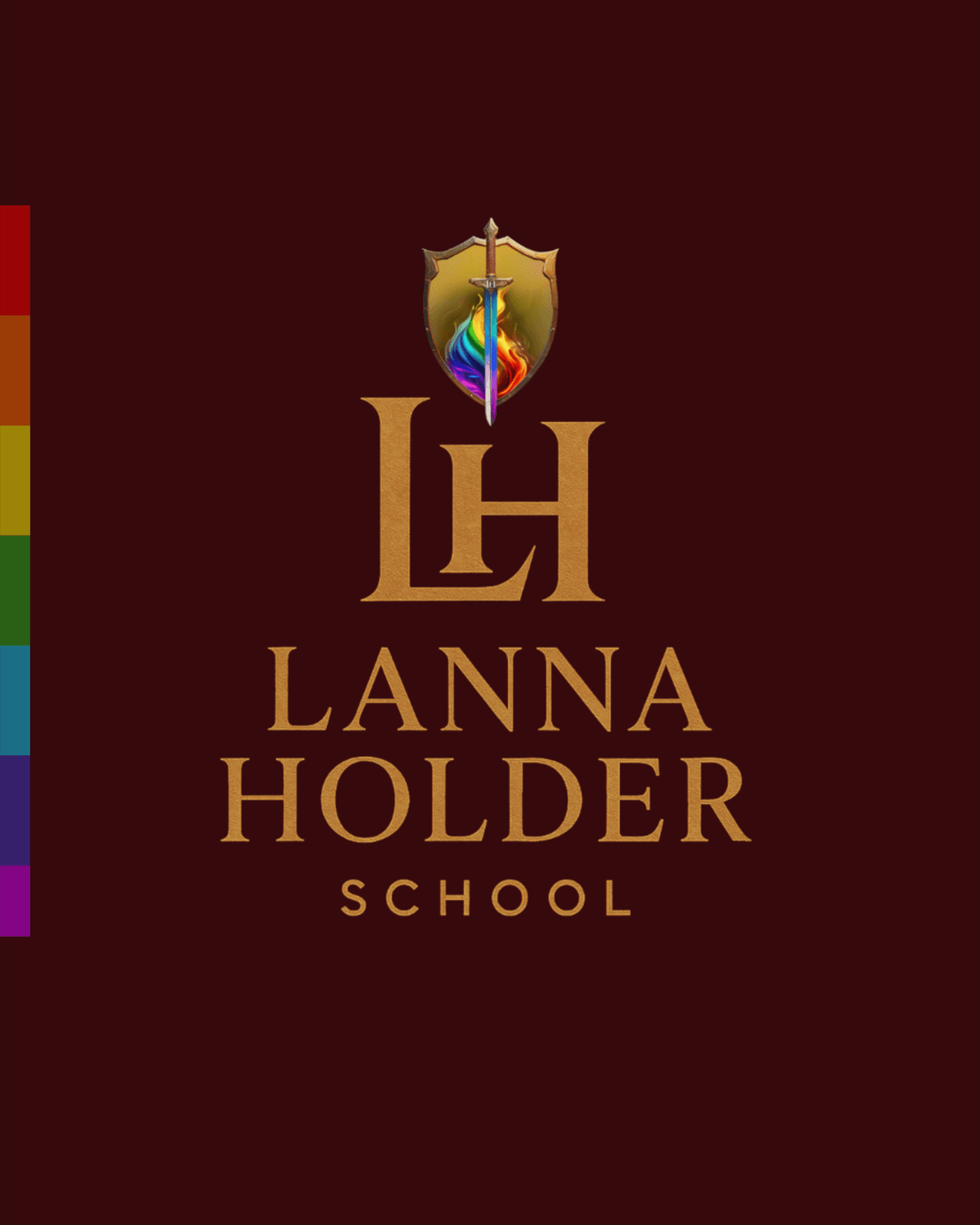 Logo da Lanna Holder School: monograma LH dourado com escudo e espada arco-íris sobre fundo bordô